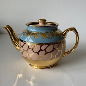 Vintage Sadler Pottery Teapot Made in England  Gold Blue and Peach Signed